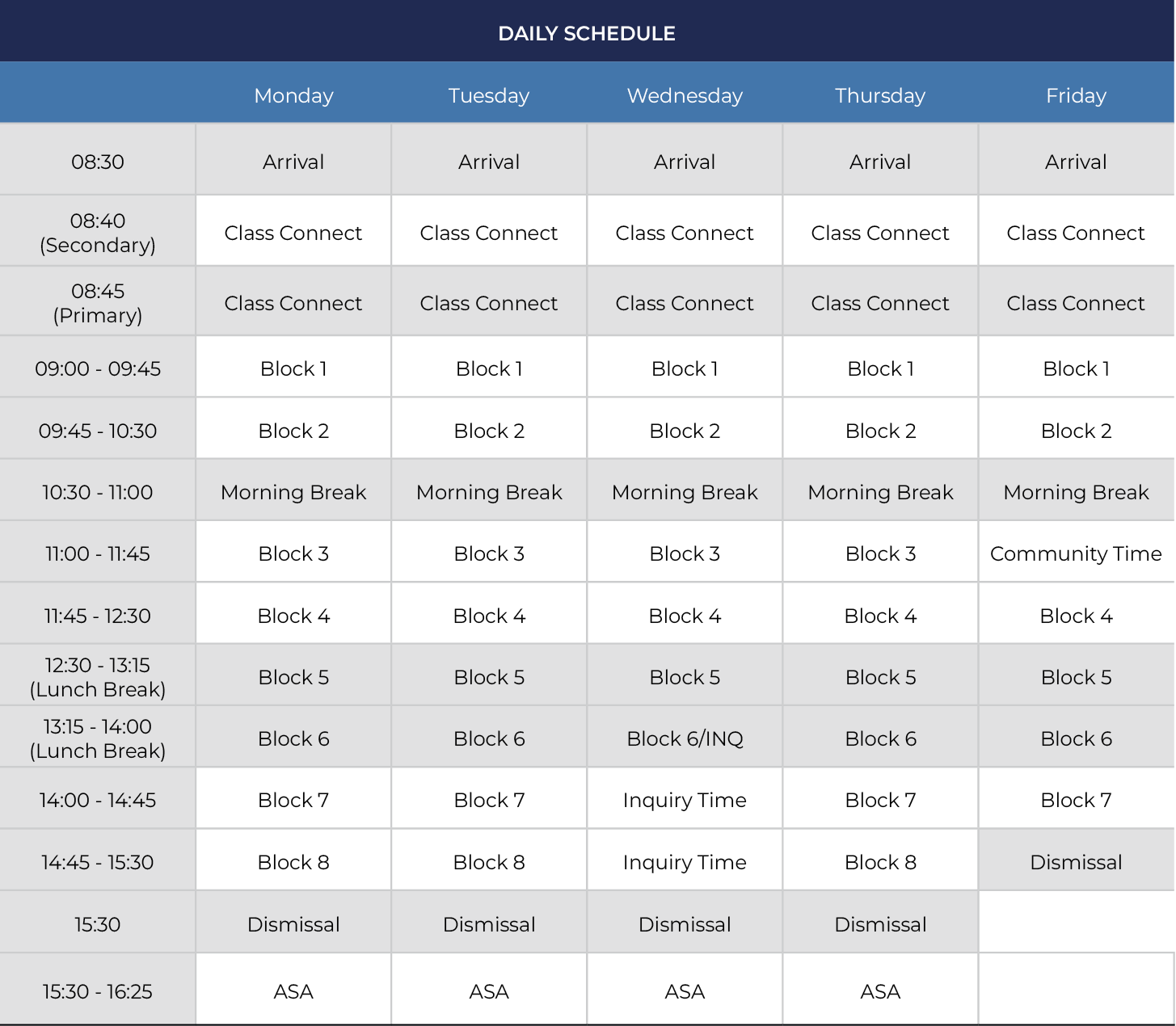 Daily schedule 2025-2026